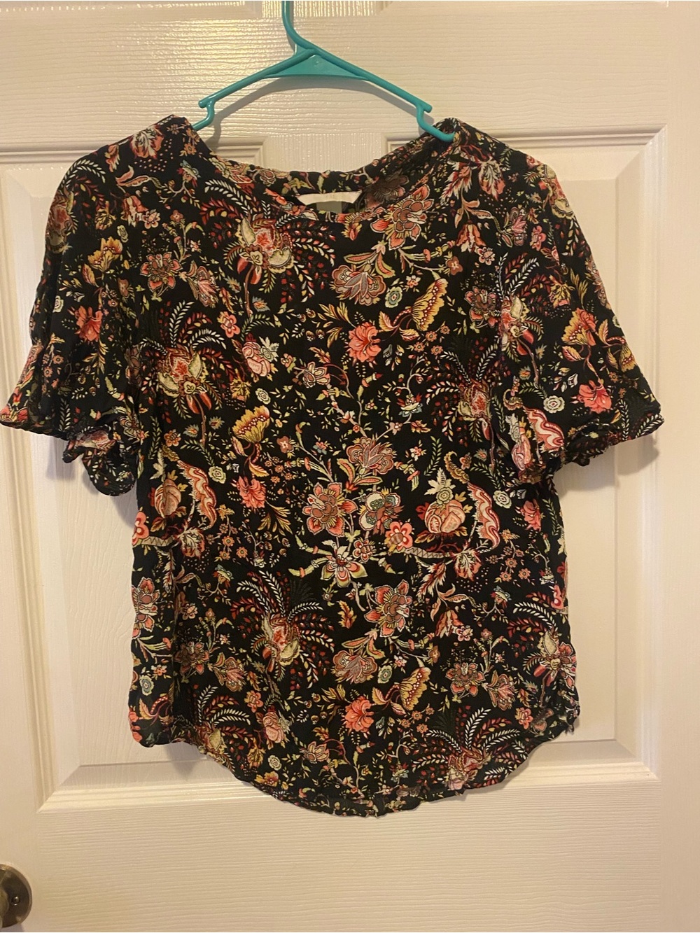 H&M Black Floral Short Sleeve Blouse with Pink and Coral Blooms